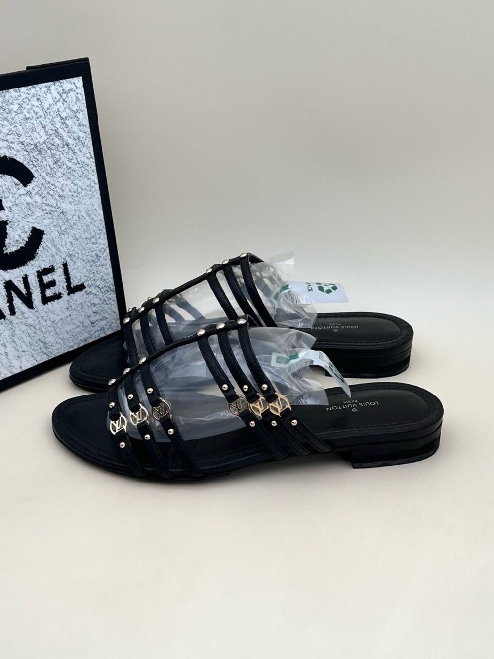 🚩steal Louis Vuitton Black Strappy Slide Mules with Gold Hardware